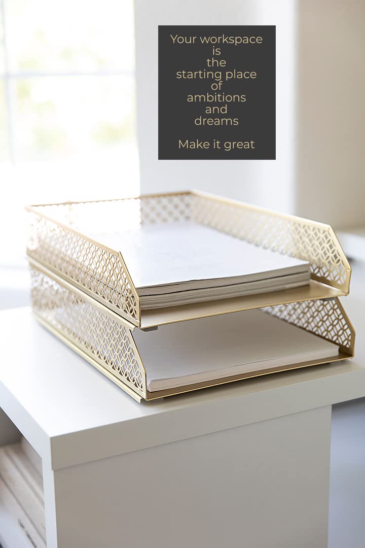 BLU MONACO | Paper Tray Stackable Gold Set of 2 | Stackable File Trays for Desk Organization | Tiered Desk Organizer with Metal Letter Trays - Image 2